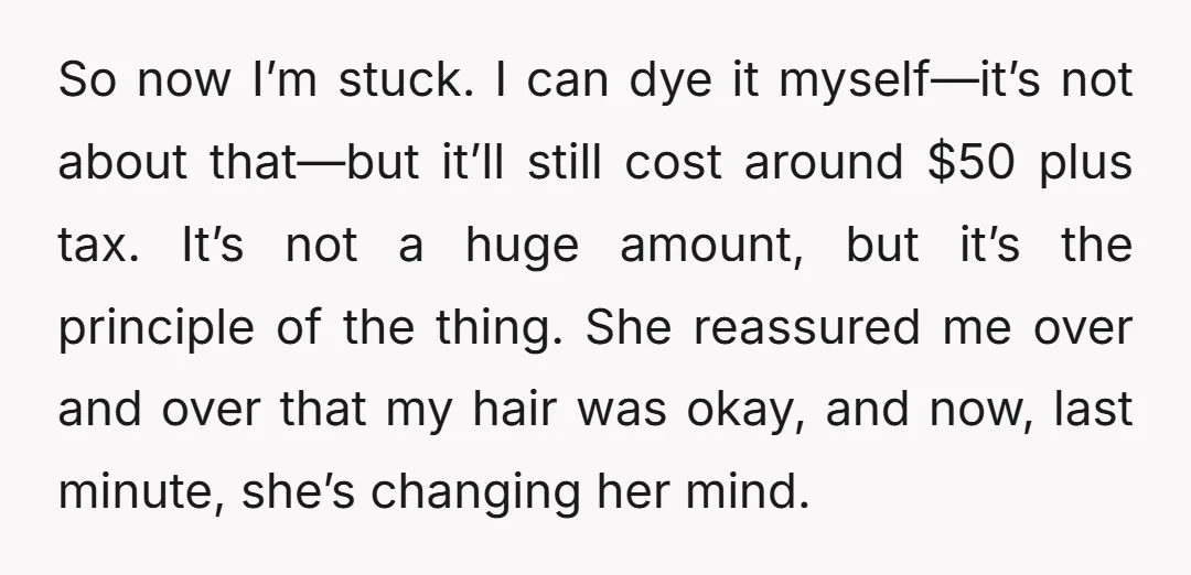 So now I’m stuck. I can dye it myself—it’s not about that—but it’ll still cost around $50 plus tax. It’s not a huge amount, but it’s the principle of the...
