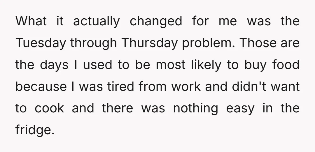 What it actually changed for me was the Tuesday through Thursday problem. Those are the days I used to be most likely to buy food because I was tired from...