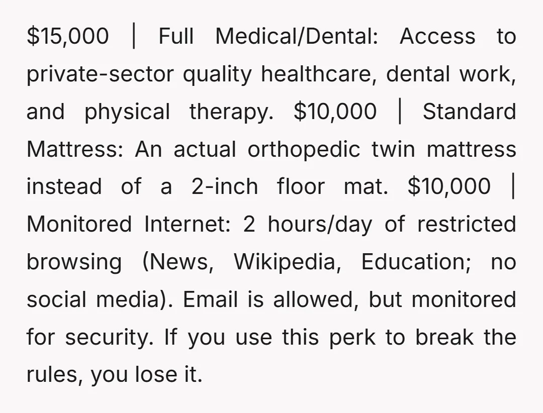 $15,000 | Full Medical/Dental: Access to private-sector quality healthcare, dental work, and physical therapy. $10,000 | Standard Mattress: An actual orthopedic twin mattress instead of a 2-inch floor mat. $10,000...