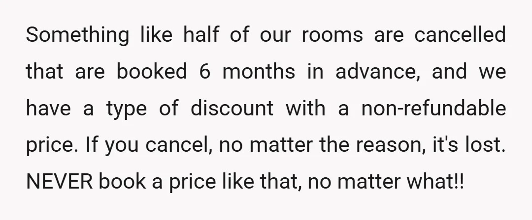 Something like half of our rooms are cancelled that are booked 6 months in advance, and we have a type of discount with a non-refundable price. If you cancel, no...