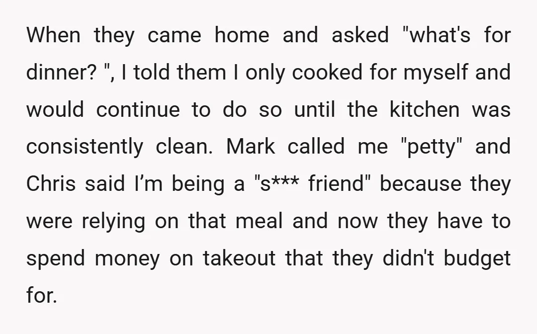 When they came home and asked "what's for dinner? ", I told them I only cooked for myself and would continue to do so until the kitchen was consistently clean....