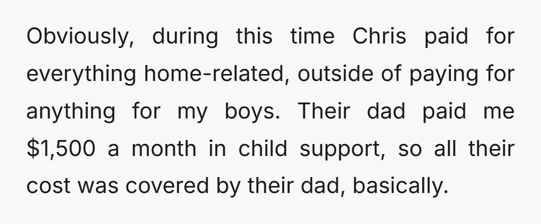 Obviously, during this time Chris paid for everything home-related, outside of paying for anything for my boys. Their dad paid me $1,500 a month in child support, so all their...