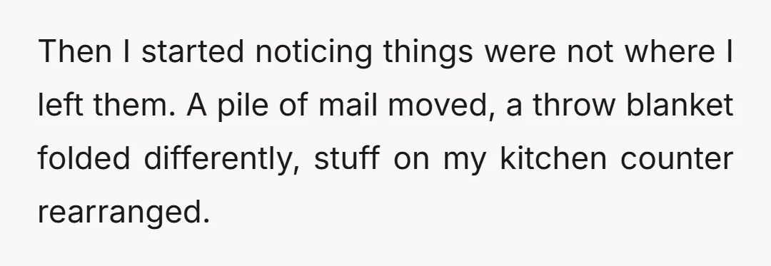 Then I started noticing things were not where I left them. A pile of mail moved, a throw blanket folded differently, stuff on my kitchen counter rearranged.