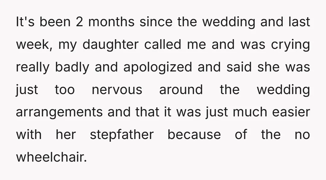 It's been 2 months since the wedding and last week, my daughter called me and was crying really badly and apologized and said she was just too nervous around the...