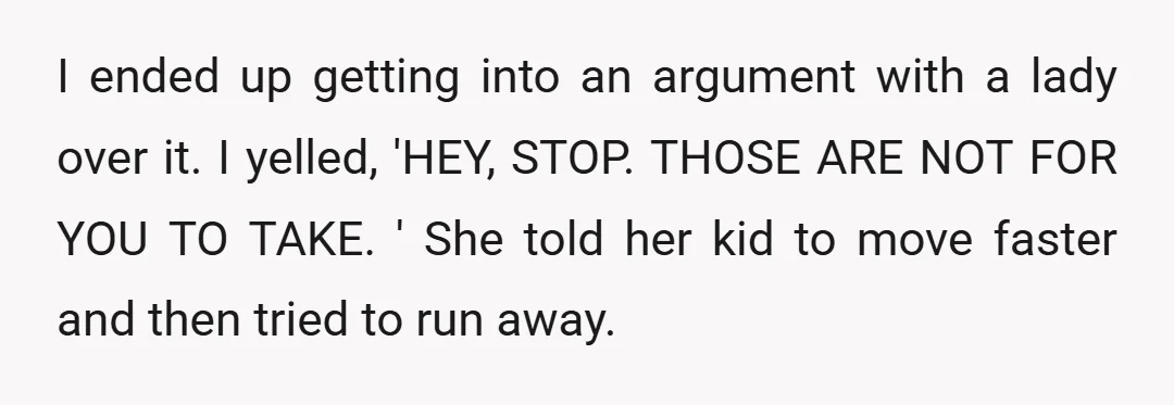 I ended up getting into an argument with a lady over it. I yelled, 'HEY, STOP. THOSE ARE NOT FOR YOU TO TAKE. ' She told her kid to move...