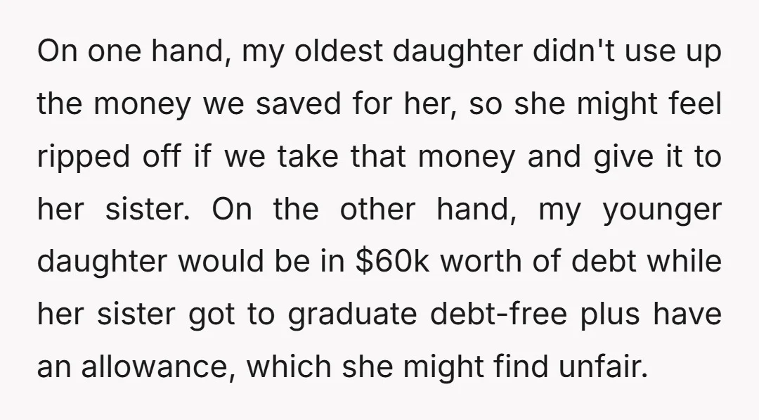 On one hand, my oldest daughter didn't use up the money we saved for her, so she might feel ripped off if we take that money and give it to...