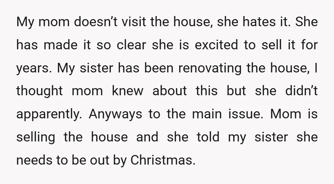 My mom doesn’t visit the house, she hates it. She has made it so clear she is excited to sell it for years. My sister has been renovating the house,...
