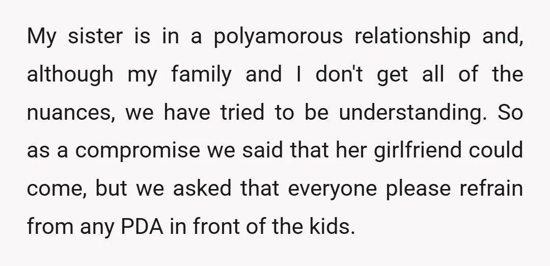 My sister is in a polyamorous relationship and, although my family and I don't get all of the nuances, we have tried to be understanding. So as a compromise we...