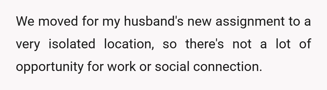 We moved for my husband's new assignment to a very isolated location, so there's not a lot of opportunity for work or social connection.
