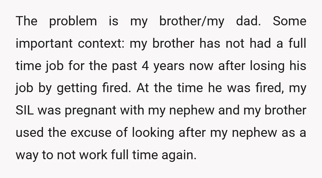 The problem is my brother/my dad. Some important context: my brother has not had a full time job for the past 4 years now after losing his job by getting...