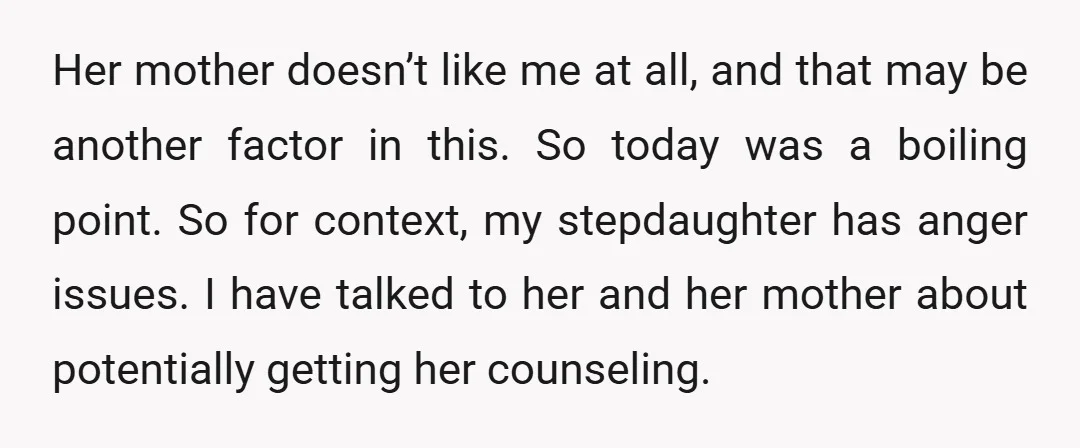 Her mother doesn’t like me at all, and that may be another factor in this. So today was a boiling point. So for context, my stepdaughter has anger issues. I...