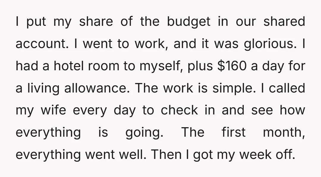 I put my share of the budget in our shared account. I went to work, and it was glorious. I had a hotel room to myself, plus $160 a day...