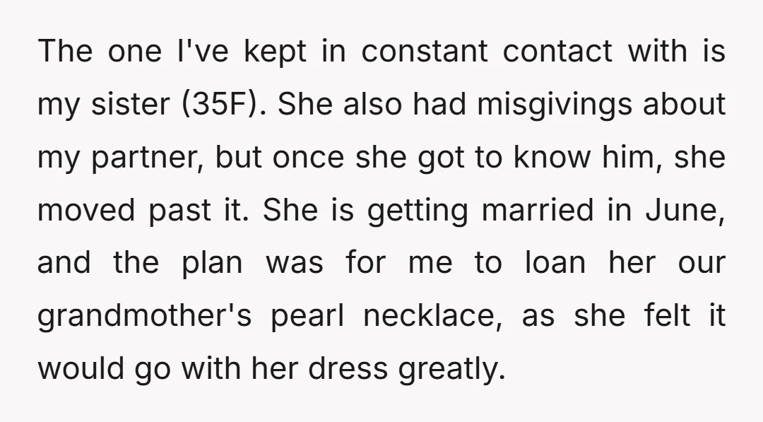 The one I've kept in constant contact with is my sister (35F). She also had misgivings about my partner, but once she got to know him, she moved past it....