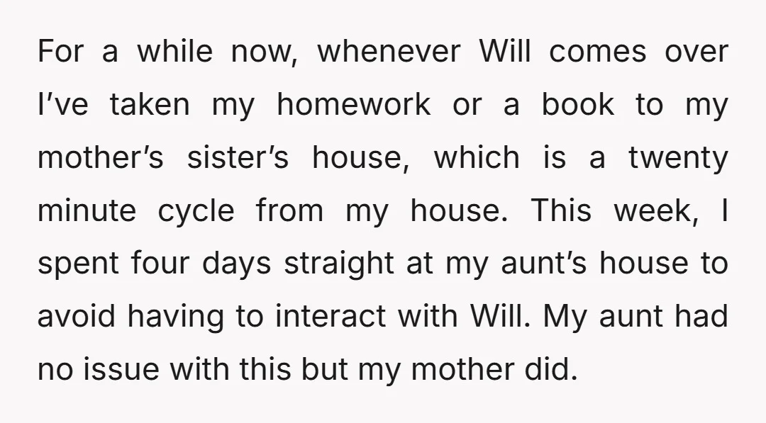 For a while now, whenever Will comes over I’ve taken my homework or a book to my mother’s sister’s house, which is a twenty minute cycle from my house. This...