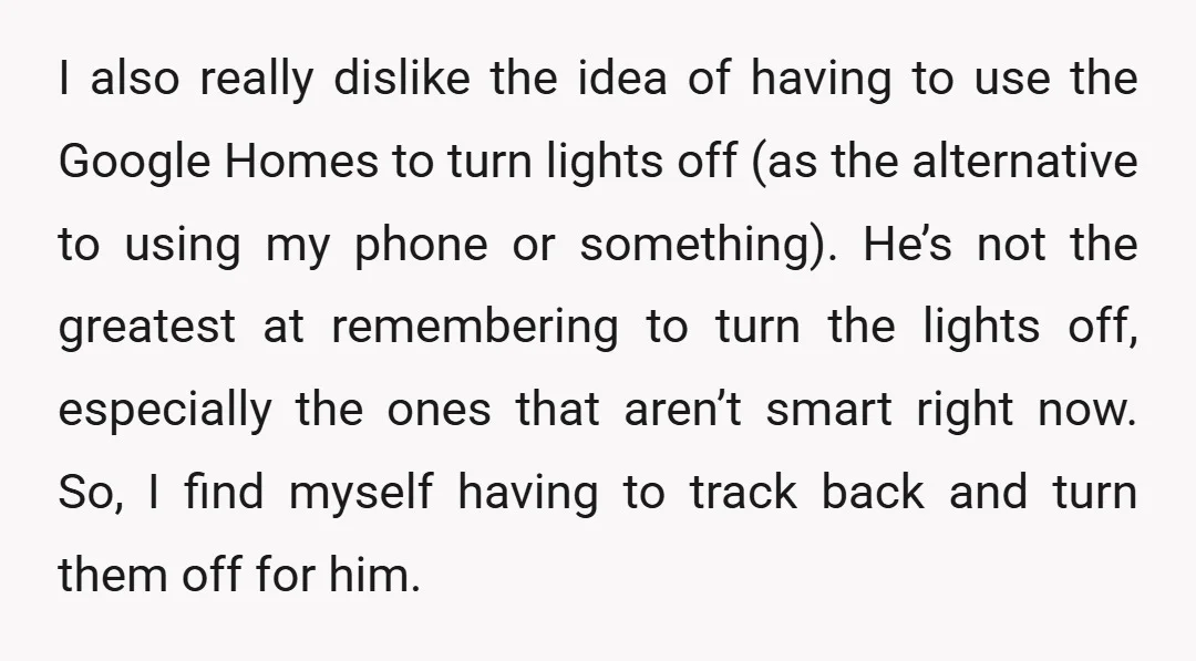 I also really dislike the idea of having to use the Google Homes to turn lights off (as the alternative to using my phone or something). He’s not the greatest...