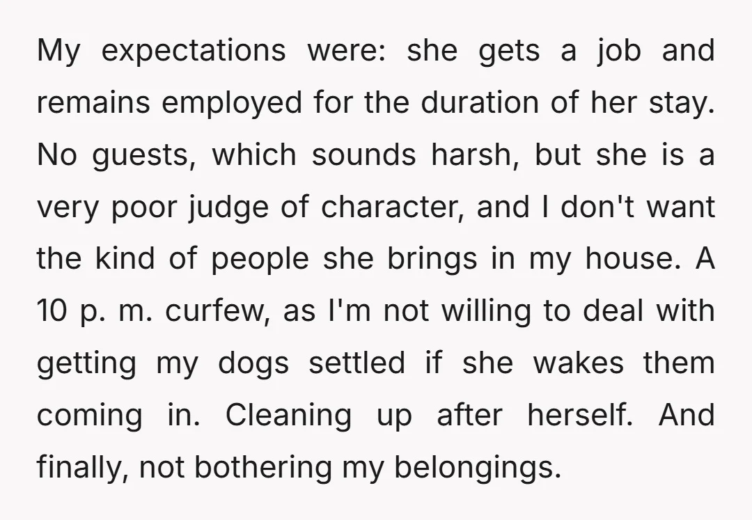 My expectations were: she gets a job and remains employed for the duration of her stay. No guests, which sounds harsh, but she is a very poor judge of character,...