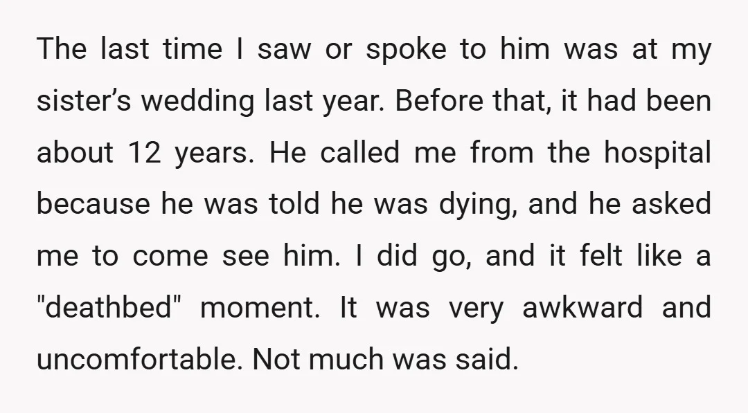 The last time I saw or spoke to him was at my sister’s wedding last year. Before that, it had been about 12 years. He called me from the hospital...