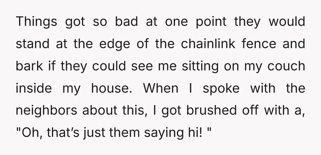 Things got so bad at one point they would stand at the edge of the chainlink fence and bark if they could see me sitting on my couch inside my...