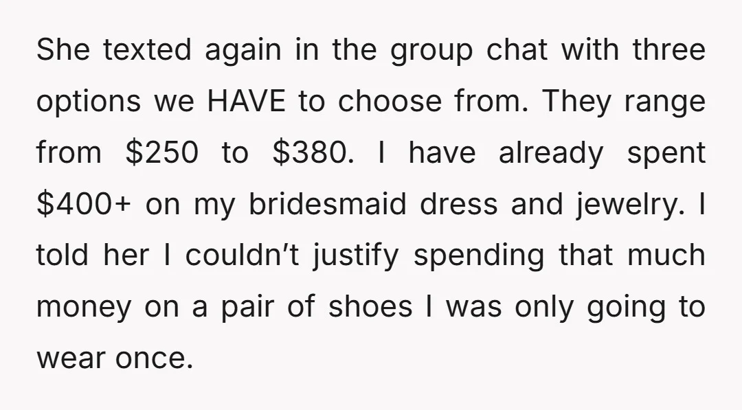 She texted again in the group chat with three options we HAVE to choose from. They range from $250 to $380. I have already spent $400+ on my bridesmaid dress...