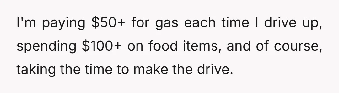 I'm paying $50+ for gas each time I drive up, spending $100+ on food items, and of course, taking the time to make the drive.