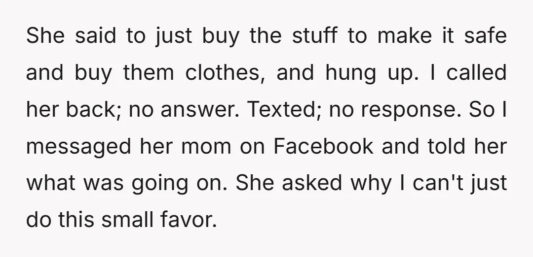 She said to just buy the stuff to make it safe and buy them clothes, and hung up. I called her back; no answer. Texted; no response. So I messaged...