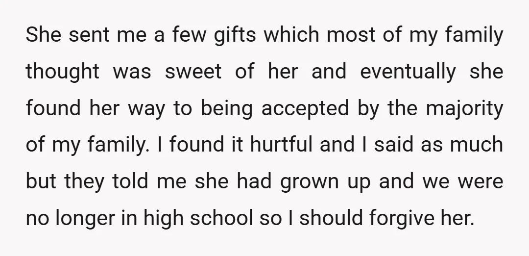 She sent me a few gifts which most of my family thought was sweet of her and eventually she found her way to being accepted by the majority of my...