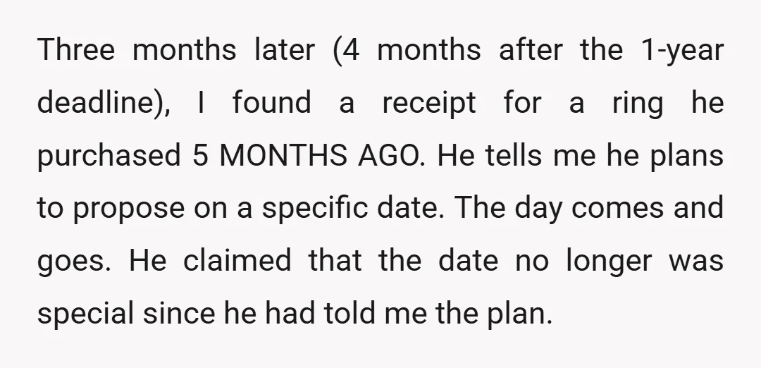 Three months later (4 months after the 1-year deadline), I found a receipt for a ring he purchased 5 MONTHS AGO. He tells me he plans to propose on a...
