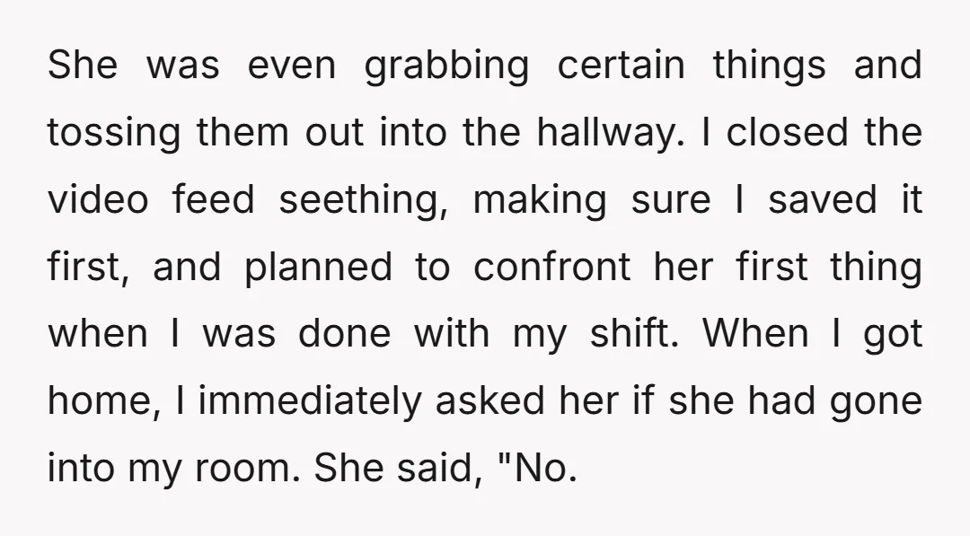 She was even grabbing certain things and tossing them out into the hallway. I closed the video feed seething, making sure I saved it first, and planned to confront her...