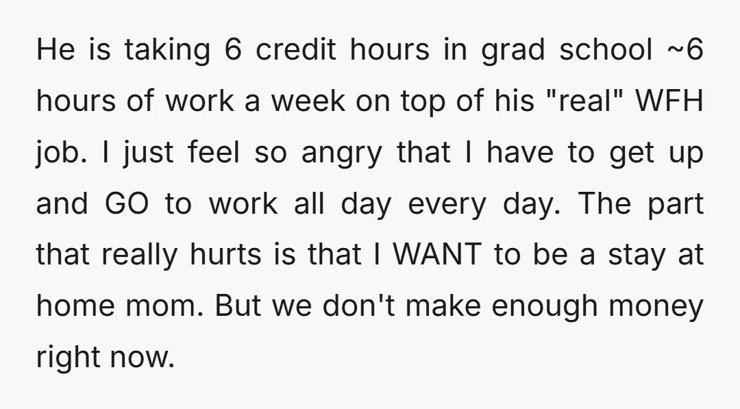 He is taking 6 credit hours in grad school ~6 hours of work a week on top of his "real" WFH job. I just feel so angry that I have...