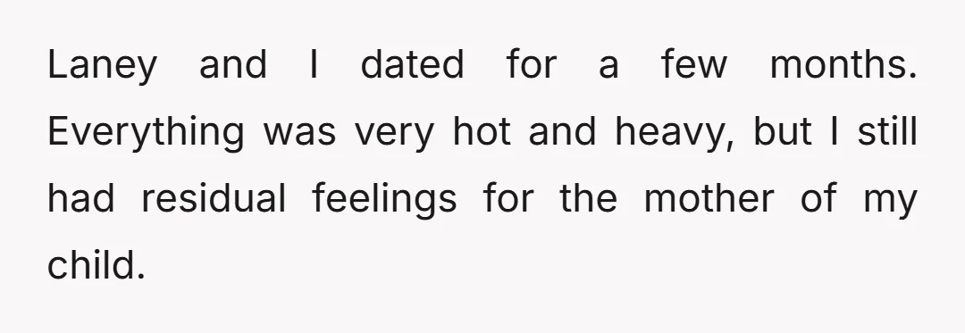 Laney and I dated for a few months. Everything was very hot and heavy, but I still had residual feelings for the mother of my child.