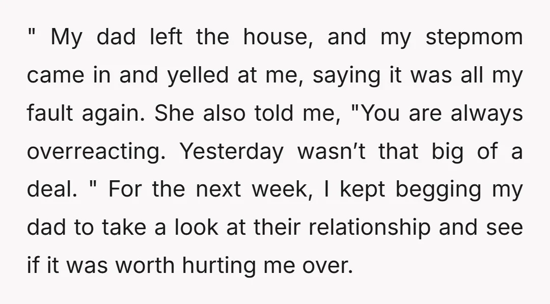 " My dad left the house, and my stepmom came in and yelled at me, saying it was all my fault again. She also told me, "You are always overreacting....