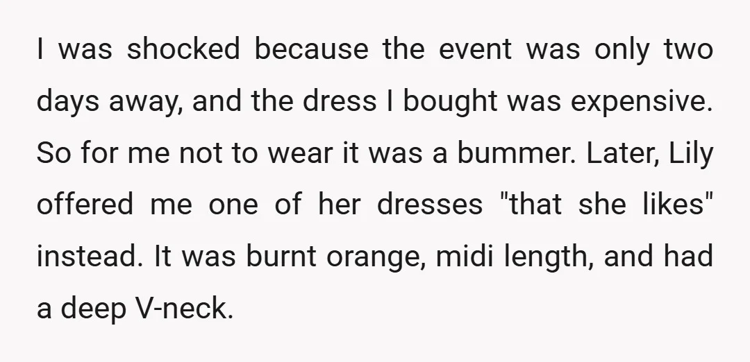 I was shocked because the event was only two days away, and the dress I bought was expensive. So for me not to wear it was a bummer. Later, Lily...