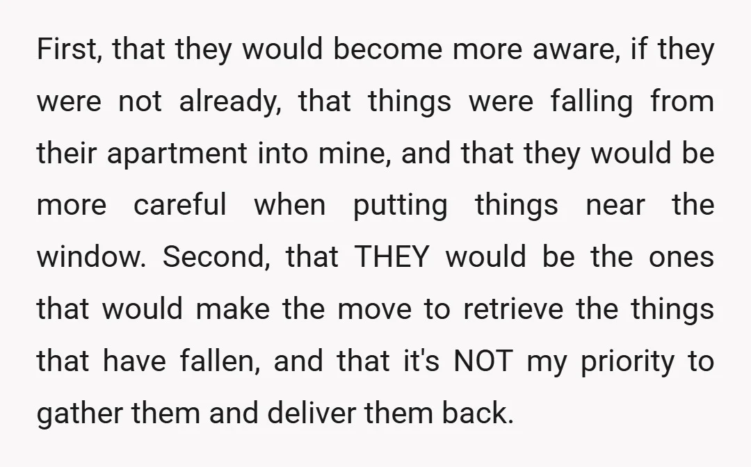 First, that they would become more aware, if they were not already, that things were falling from their apartment into mine, and that they would be more careful when putting...