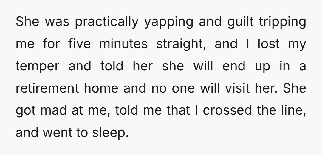 She was practically yapping and guilt tripping me for five minutes straight, and I lost my temper and told her she will end up in a retirement home and no...