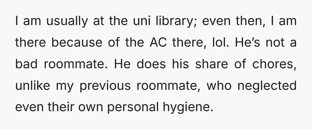 I am usually at the uni library; even then, I am there because of the AC there, lol. He’s not a bad roommate. He does his share of chores, unlike...