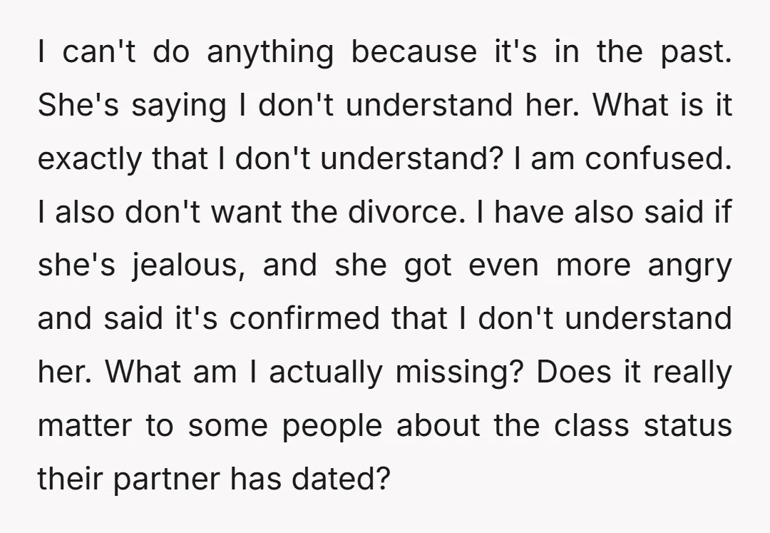 I can't do anything because it's in the past. She's saying I don't understand her. What is it exactly that I don't understand? I am confused. I also don't want...