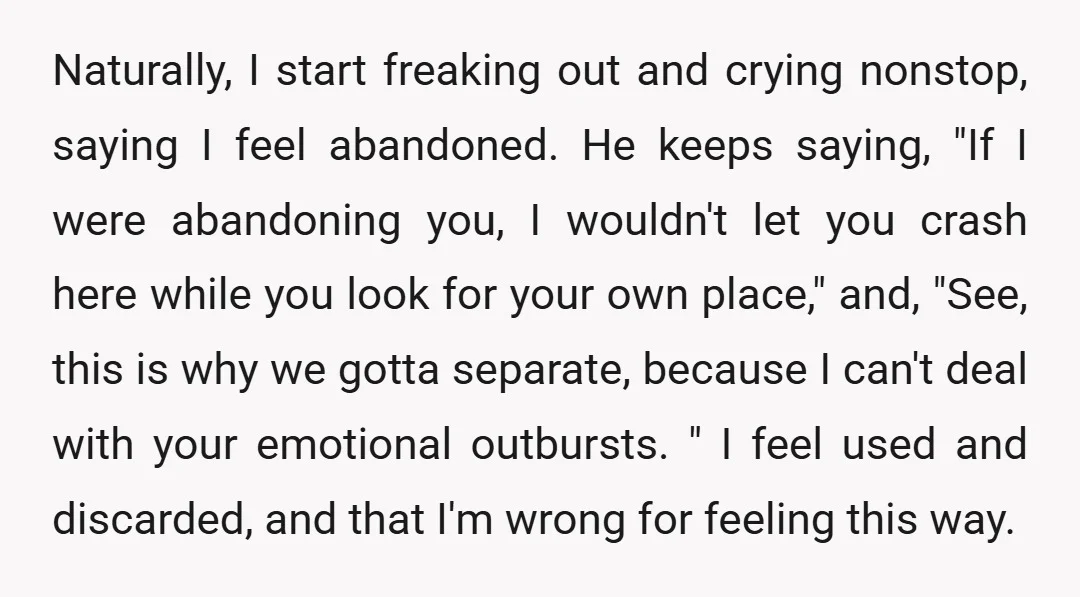 Naturally, I start freaking out and crying nonstop, saying I feel abandoned. He keeps saying, "If I were abandoning you, I wouldn't let you crash here while you look for...