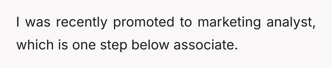 I was recently promoted to marketing analyst, which is one step below associate.