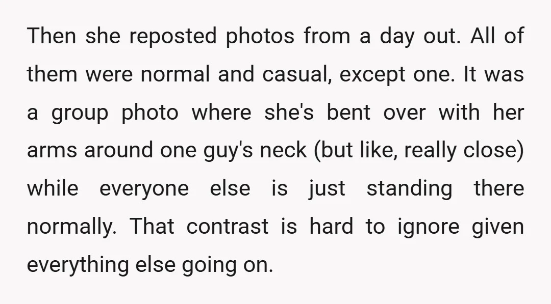 Then she reposted photos from a day out. All of them were normal and casual, except one. It was a group photo where she's bent over with her arms around...