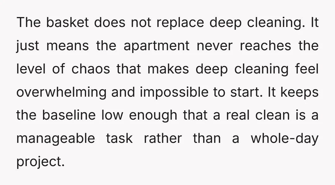 The basket does not replace deep cleaning. It just means the apartment never reaches the level of chaos that makes deep cleaning feel overwhelming and impossible to start. It keeps...