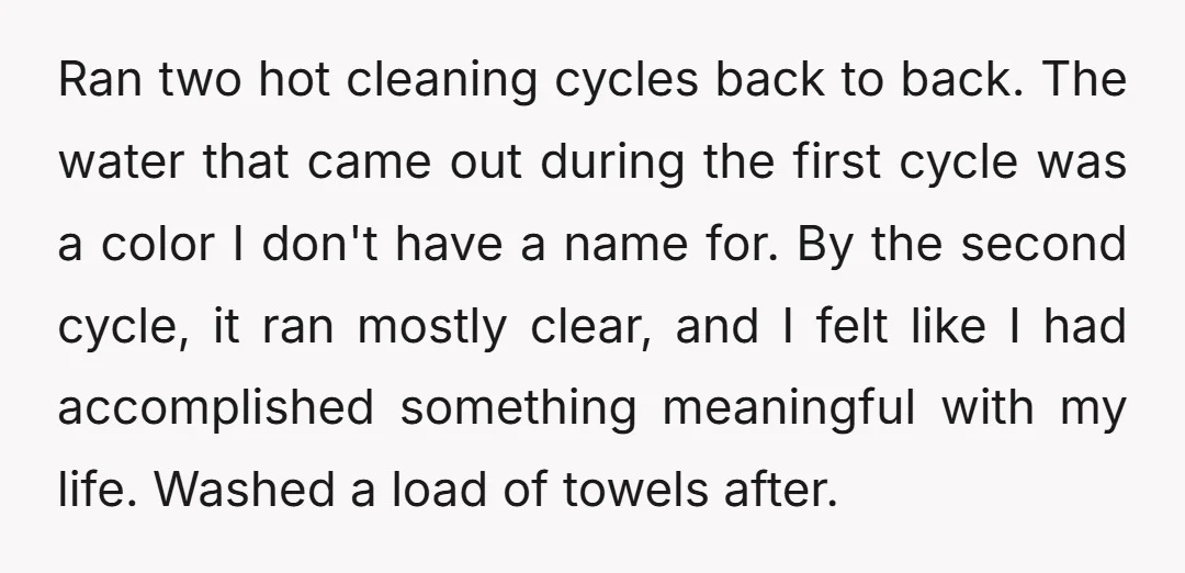 Ran two hot cleaning cycles back to back. The water that came out during the first cycle was a color I don't have a name for. By the second cycle,...