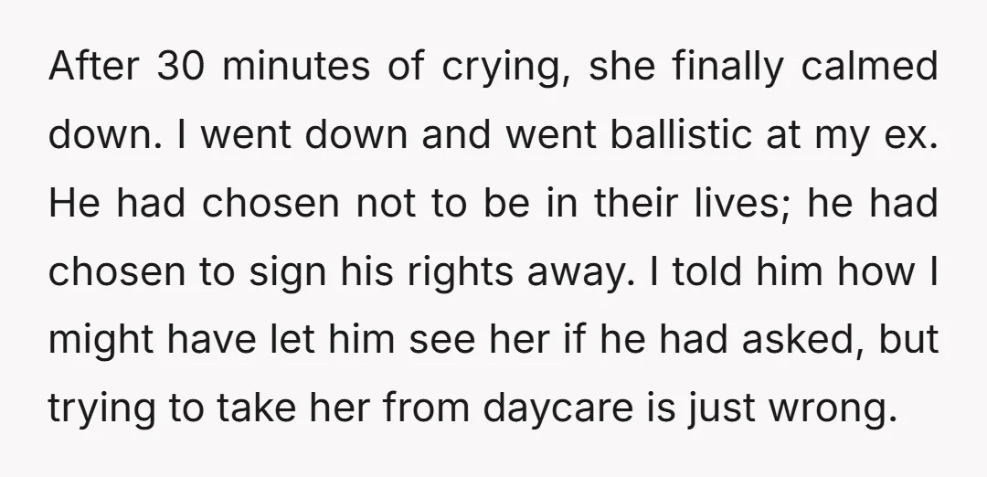 After 30 minutes of crying, she finally calmed down. I went down and went ballistic at my ex. He had chosen not to be in their lives; he had chosen...