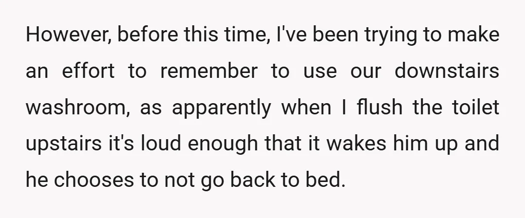 However, before this time, I've been trying to make an effort to remember to use our downstairs washroom, as apparently when I flush the toilet upstairs it's loud enough that...