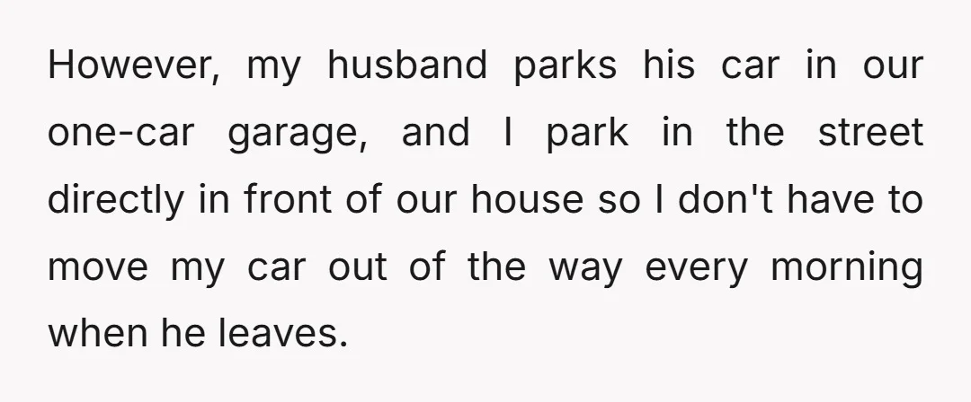 However, my husband parks his car in our one-car garage, and I park in the street directly in front of our house so I don't have to move my car...