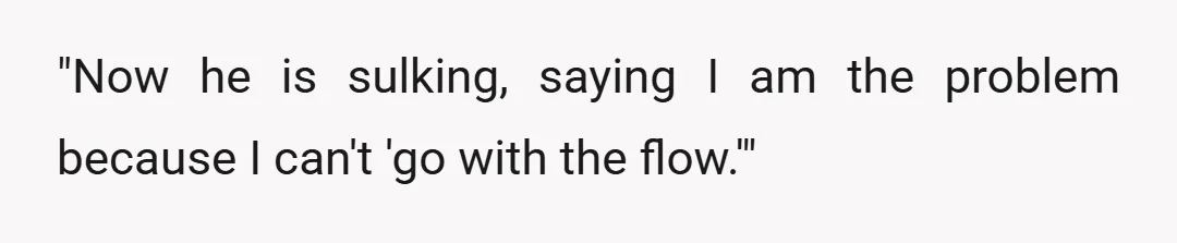"Now he is sulking, saying I am the problem because I can't 'go with the flow.'"