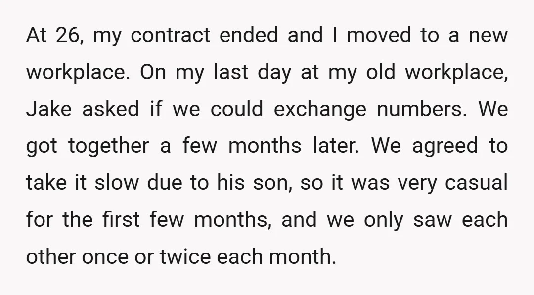 At 26, my contract ended and I moved to a new workplace. On my last day at my old workplace, Jake asked if we could exchange numbers. We got together...