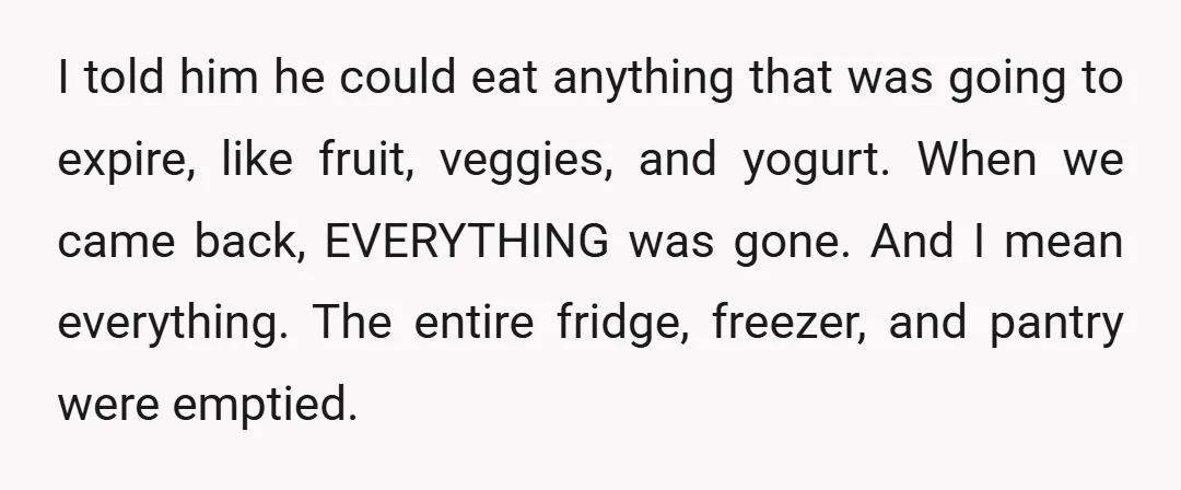 I told him he could eat anything that was going to expire, like fruit, veggies, and yogurt. When we came back, EVERYTHING was gone. And I mean everything. The entire...