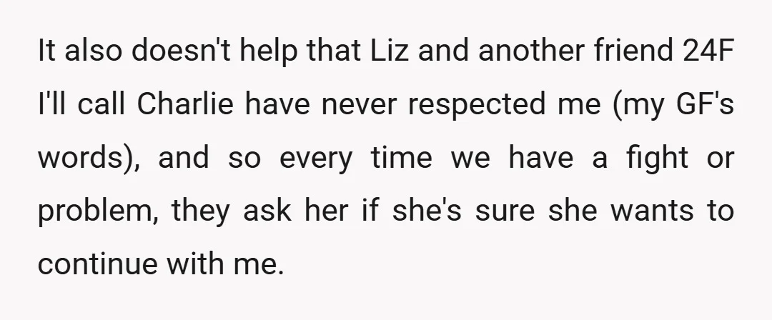 It also doesn't help that Liz and another friend 24F I'll call Charlie have never respected me (my GF's words), and so every time we have a fight or problem,...