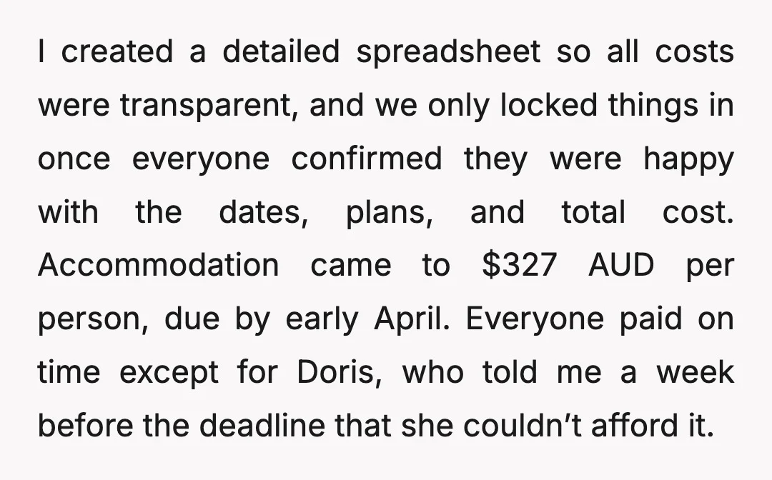 I created a detailed spreadsheet so all costs were transparent, and we only locked things in once everyone confirmed they were happy with the dates, plans, and total cost. Accommodation...