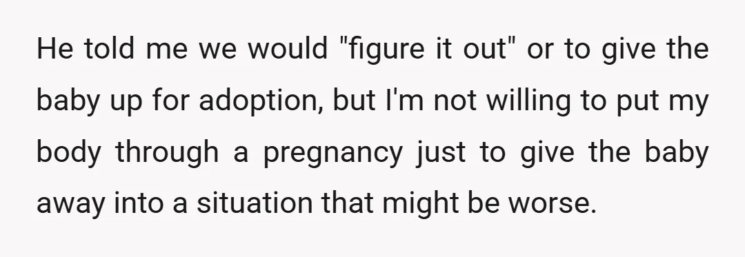 He told me we would "figure it out" or to give the baby up for adoption, but I'm not willing to put my body through a pregnancy just to give...